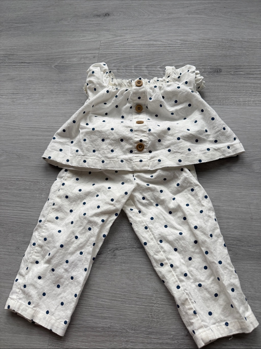 Girls White Polka Dot Two-Piece Set with Navy Dots